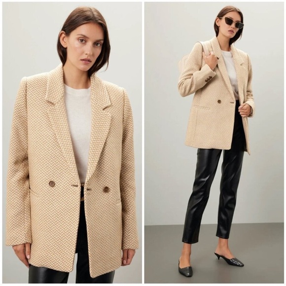 Anine Bing Tweed Fishbone Herringbone Double Breasted Blazer Jacket Tan Small - Picture 15 of 15